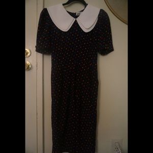 Peter Pan Collar Polka Dot Dress Vintage 70s Blue